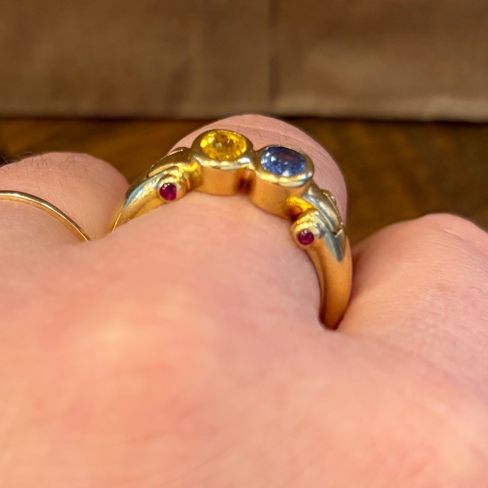 14k solid Gold Multi-Gem Ring with Blue Topaz, Ruby & citrine Stones - Picture 4 of 6